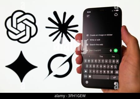 ChatGPT App Menu Displayed on Smartphone Amid Rival AI Chatbot Logos Stock Photo