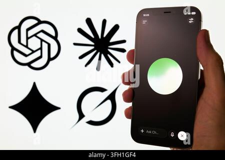 ChatGPT Voice Mode Displayed on Smartphone Amid Rival AI Chatbot Logos Stock Photo