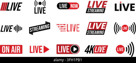 Various live streaming logos graphics red black white colors sense urgency excitement plain white background Stock Vector