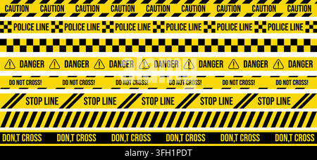 Caution police sign and cross yellow tape tags with black strips vector illustration pack on white background Stock Vector
