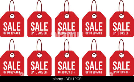 Ten red sale tags white text plain white background offering discounts ten one hundred percent off promotional Stock Vector