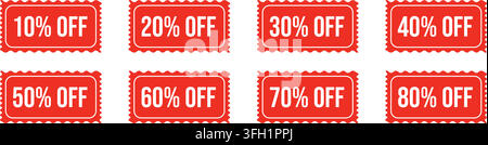 Eight red discount stickers white text borders various percentage off deals Stock Vector
