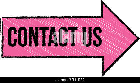 A pink arrow points right bold black text saying contact us clean white background approachability invitation Stock Vector