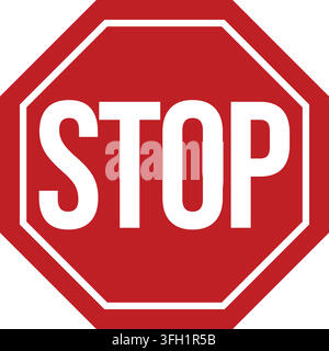 A large red octagonal road sign word stop bold white letters outlined white plain white background drivers must Stock Vector