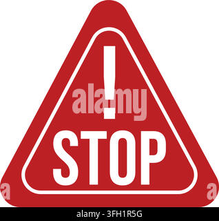 A large red triangular road sign white exclamation mark stop text plain white background warning drivers halt proceed Stock Vector