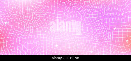 Pink Y2k trippy sparkle grid mesh background. Distorted wireframe pattern with stars. Groovy gradient twinkle and line checkered wallpaper. Vector colorful gradation nostalgic aesthetic tile texture Stock Vector