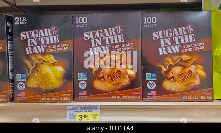 Houston, Texas USA 01-04-2026: Sugar In The Raw cartons displayed on a supermarket shelf. Stock Photo