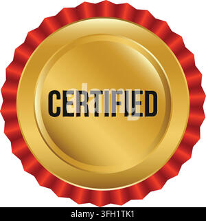 Certified Gold Rosette Red Border Guarantee Label emblem certificate award vector illustration isolated on white background Stock Vector