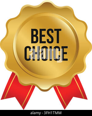 Best Choice Gold Badge Red Ribbon Guarantee Label emblem certificate award vector illustration isolated on white background Stock Vector