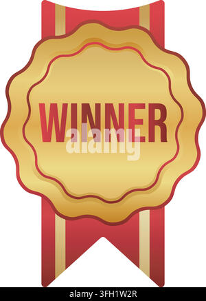 Winner text golden medal badge with red ribbon certificate guarantee label vector illustration isolated on white background Stock Vector