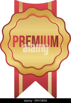 Premium text golden medal badge with red ribbon certificate guarantee label vector illustration isolated on white background Stock Vector