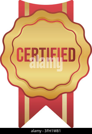 Certified text golden medal badge with red ribbon certificate guarantee label vector illustration isolated on white background Stock Vector