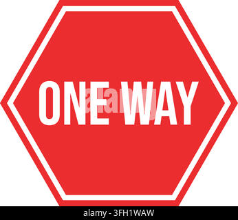 Red hexagon one way road sign flat design traffic control symbol vector illustration isolated on clean white background Stock Vector
