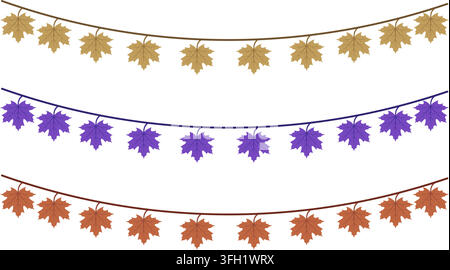 Decorative Autumn Maple Leaves Bunting Vector Illustration Hanging Gold Purple And Brown Leaf Garland String Set on white Stock Vector