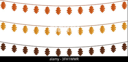 Autumn Oak Leaf Garland Set Hanging Fall Foliage Bunting Decoration Vector Illustration isolated on white background Stock Vector