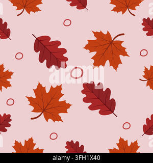 Red Autumn Leaves Seamless Pattern With Rust Maple And Burgundy Oak Foliage Vector Illustration On Soft Pink Background Stock Vector