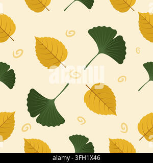 Golden Yellow Leaves And Dark Green Ginkgo Foliage Seamless Pattern Vector Background On Light Cream Background For Autumn Stock Vector