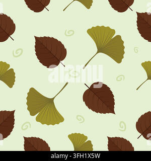 Brown Leaves And Olive Green Ginkgo Seamless Pattern Vector Background On Pale Green Surface For Autumn Nature Wrap And Stock Vector