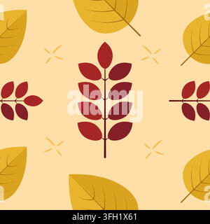 Autumn Foliage Seamless Pattern Vector Illustration With Dark Red Leaf Branch And Yellow Leaves On Cream Background Stock Vector