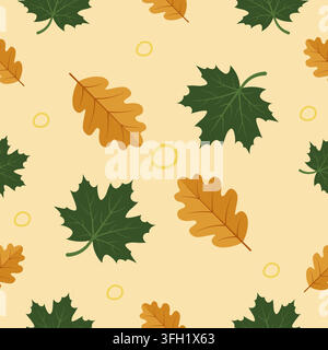 Autumn Seamless Pattern With Dark Green Maple Leaves And Orange Oak Foliage Vector Illustration On Cream Yellow Background Stock Vector
