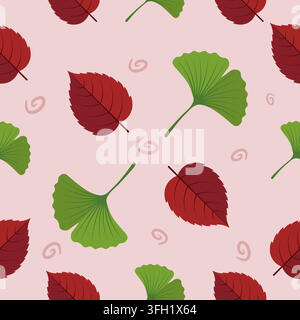 Dark Red Autumn Leaves And Green Ginkgo Biloba Seamless Pattern Vector Background On Soft Pinkish Light Background For Fall Stock Vector