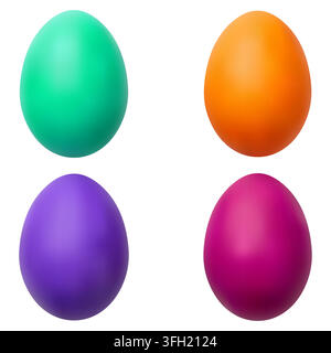 A set of four smooth, vibrant Easter eggs in green, orange, purple, and magenta colors, displayed against a clean, plain white background. Stock Vector