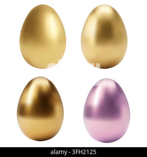 A collection of four shiny metallic eggs, featuring three distinct gold-colored eggs and one vibrant purple egg, isolated on a clean white background. Stock Vector