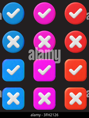 A collection of 3D glossy checkmark and cross symbols in blue, pink, and red, presented in both circular and rounded square button formats. Stock Vector