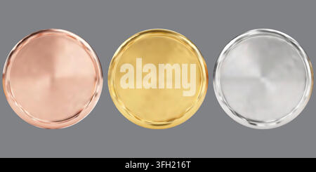 A set of three blank circular medals or coins featuring polished bronze gold and silver metallic textures arranged horizontally against a neutral gray Stock Vector