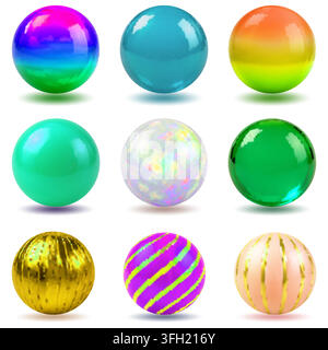 A collection of nine distinct 3D spheres featuring metallic, iridescent, striped, and gradient textures, isolated on a clean white background for desi Stock Vector