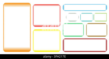 A collection of various rectangular frames featuring a gradient halftone dot pattern in different colors, isolated on a clean white background. Stock Vector