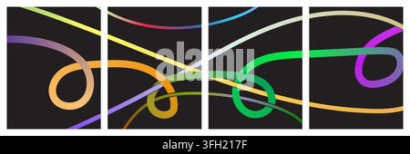 A modern abstract composition consisting of four panels displaying vibrant, swirling gradient lines and ribbons intersecting against a deep black back Stock Vector