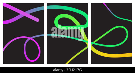 A set of three vertical panels featuring fluid, glowing neon lines in vibrant gradient colors against a solid black background, creating a modern aest Stock Vector