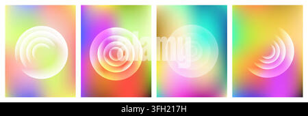 A collection of four artistic posters featuring soft, colorful blurred gradients and minimalist white concentric circle designs for modern graphic des Stock Vector