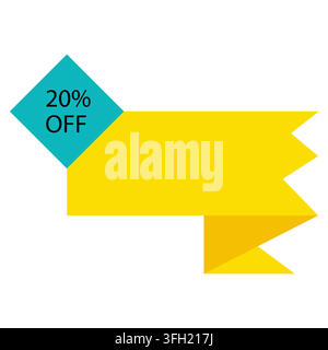 A flat vector-style yellow ribbon banner featuring a teal square on the left side with the text 20% off, isolated on a white background. Stock Vector