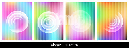 Set of four modern abstract posters featuring vibrant vertical gradient backgrounds overlaid with translucent circular ripple patterns in a minimalist Stock Vector