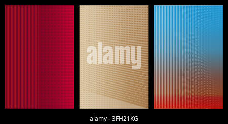 Three vertical abstract panels featuring geometric halftone dot and line patterns with smooth color gradients in red, beige, and blue tones. Stock Vector