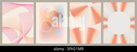 A collection of four minimalist abstract art prints featuring fluid lines, soft gradients, circular shapes, and radiant light effects in pastel tones. Stock Vector