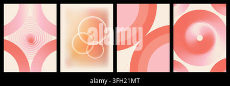 A collection of four modern abstract art prints featuring circular motifs, concentric rings, and soft gradients in warm coral, peach, and pink tones. Stock Vector