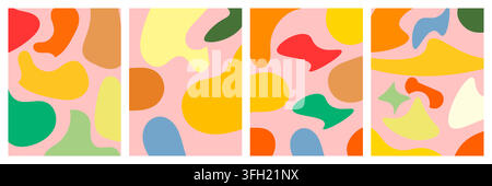 A collection of four artistic posters featuring abstract organic shapes and fluid blobs in vibrant colors set against a soft pastel pink background. Stock Vector