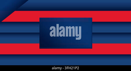 A modern abstract background featuring horizontal blue and red stripes with a dark blue rectangular frame in the center for text or design elements. Stock Vector