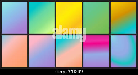 A collection of ten rectangular abstract gradient backgrounds featuring soft, smooth color transitions in various bright and pastel hues for modern de Stock Vector