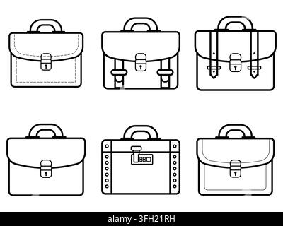 A collection of six distinct briefcase and business bag line art icons, featuring various styles, closures, and designs for professional use. Stock Vector