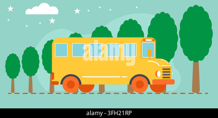 A flat vector illustration of a yellow school bus traveling along a road lined with green trees against a light blue sky with stars and a cloud. Stock Vector