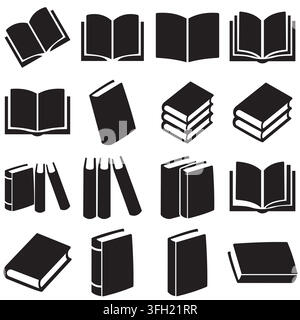 A collection of sixteen different book icons, including open books, stacked books, and standing book spines, presented in a simple black silhouette st Stock Vector