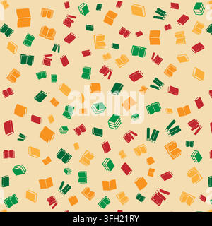 A repeating pattern featuring various stylized open and closed books in red, green, and orange colors, scattered across a light beige background. Stock Vector