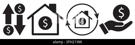A collection of black vector icons representing real estate finance, including property value fluctuations, home investment, and financial transaction Stock Vector