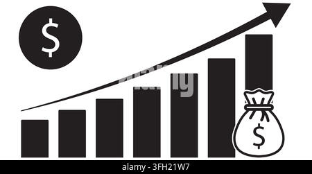 A black and white graphic showing a bar chart with an upward trending arrow and a money bag icon, representing financial growth and investment. Stock Vector