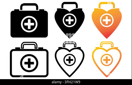 A collection of six medical kit icons featuring both rectangular and heart-shaped designs, presented in solid black, outline, and gradient styles. Stock Vector