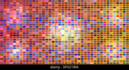 A vibrant abstract background featuring a grid of small, colorful rectangular tiles with glowing light effects scattered across the pattern. Stock Vector